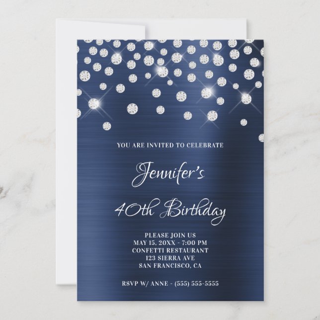 Diamond Confetti Navy Blue Satin Foil Ombre Invitation (Front)