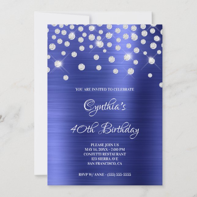 Diamond Confetti Sapphire Satin Foil Ombre Invitation (Front)