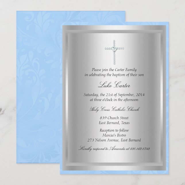 Diamond Cross Blue Baptism/Christening Invitation (Front/Back)