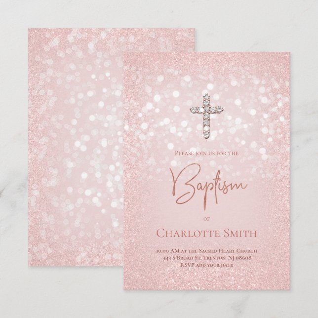 diamond cross on faux pink glitter baptism invitation (Front/Back)