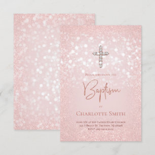 diamond cross on faux pink glitter baptism invitation