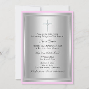 Diamond Cross Pink Baptism/Christening Invitation