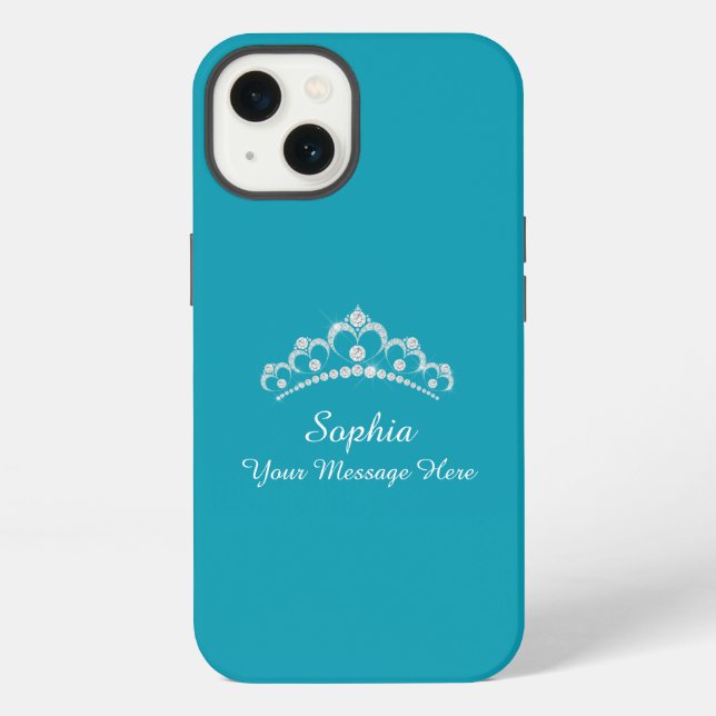Diamond Crown, Name, Your Message, Teal iPhone Case (Back)