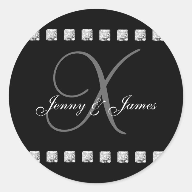 Diamond Crystal Monogram X Wedding Stickers Black (Front)