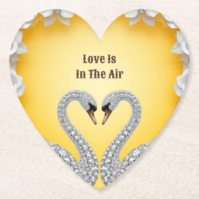 Diamond Crystal Swans Romantic Warm Scene Paper Coaster (Front)