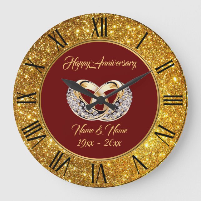 Diamond Customise  Wedding Rings Gold Anniversary Large Clock (Front)
