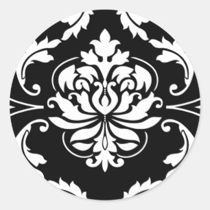 Diamond Damask in White on Black Classic Round Sticker