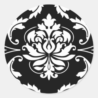 Diamond Damask in White on Black Classic Round Sticker