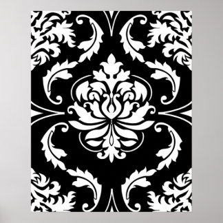Diamond Damask in White on Black Poster