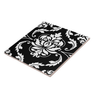 Diamond Damask in White on Black Tile