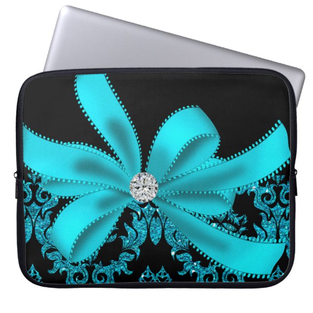 Diamond Damask (Teal Glitter) Laptop Sleeve (Front)