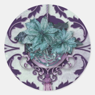 Diamond Damask, VENEZIA POINSETTIA Classic Round Sticker