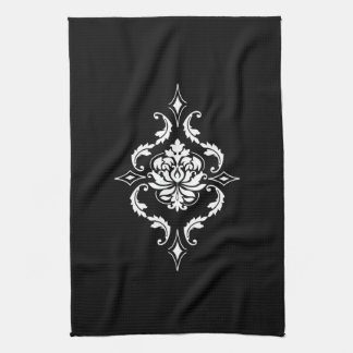 Diamond Damask, White on Black Tea Towel