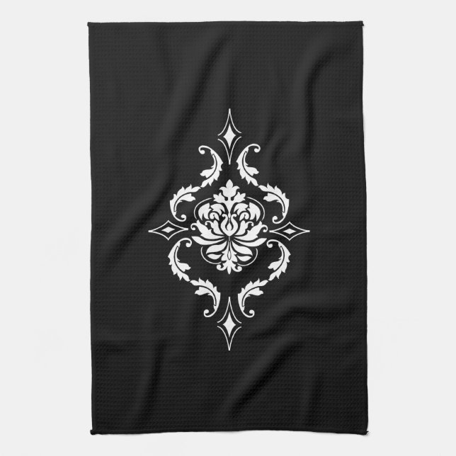 Diamond Damask, White on Black Tea Towel (Vertical)