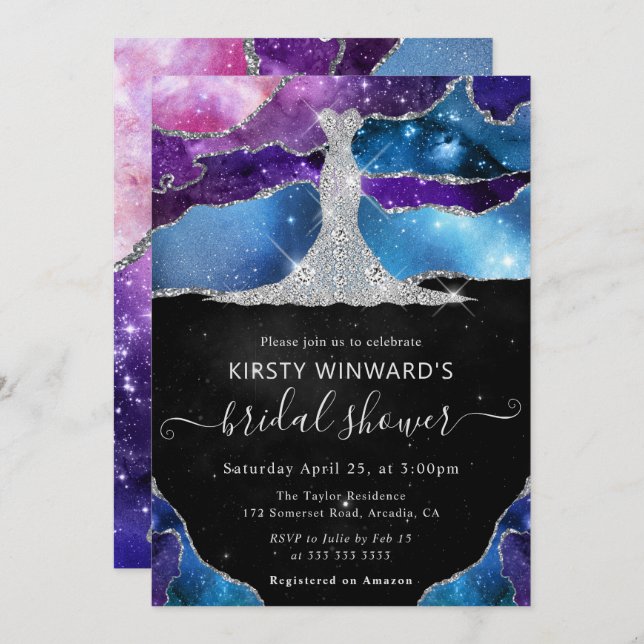 Diamond Dress and Galaxy Agate Bridal Shower Invitation (Front/Back)