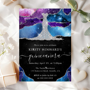 Diamond Dress and Galaxy Agate Quinceanera Invitation