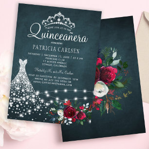 Diamond dress and tiara floral elegant quinceanera invitation