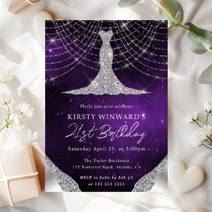 Diamond Dress & Bokeh String Lights 21st birthday Invitation
