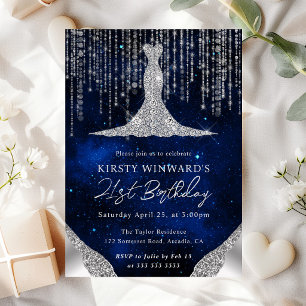 Diamond Dress & Bokeh String Lights 21st birthday Invitation