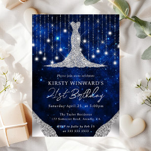 Diamond Dress & Bokeh String Lights 21st birthday Invitation