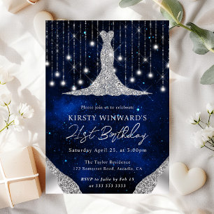 Diamond Dress & Bokeh String Lights 21st birthday Invitation
