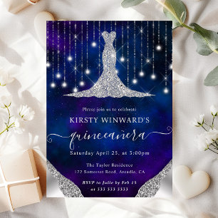 Diamond Dress & Bokeh String Lights Quinceanera Invitation