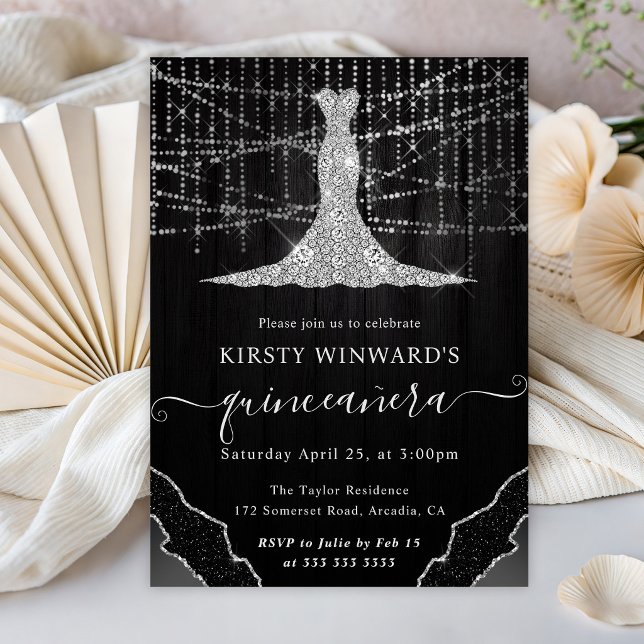 Diamond Dress & Bokeh String Lights Quinceanera Invitation (Creator Uploaded)