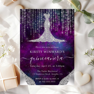 Diamond Dress & Bokeh String Lights Quinceanera Invitation