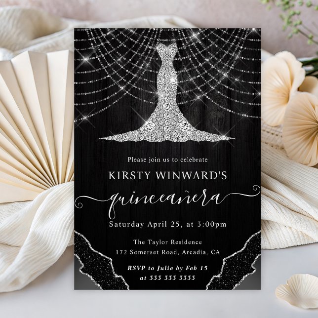 Diamond Dress & Bokeh String Lights Quinceanera Invitation (Creator Uploaded)