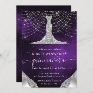 Diamond Dress & Bokeh String Lights Quinceanera Invitation