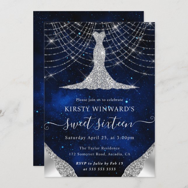 Diamond Dress & Bokeh String Lights Sweet 16 Invitation (Front/Back)