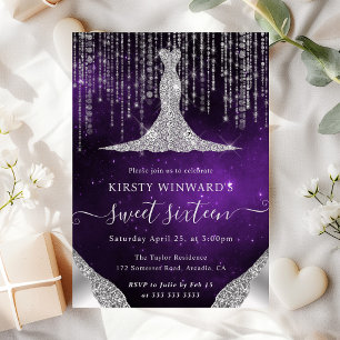 Diamond Dress & Bokeh String Lights Sweet 16 Invitation