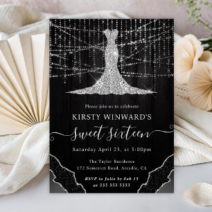 Diamond Dress & Bokeh String Lights Sweet 16 Invitation