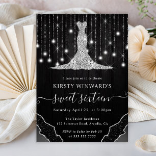 Diamond Dress & Bokeh String Lights Sweet 16 Invitation