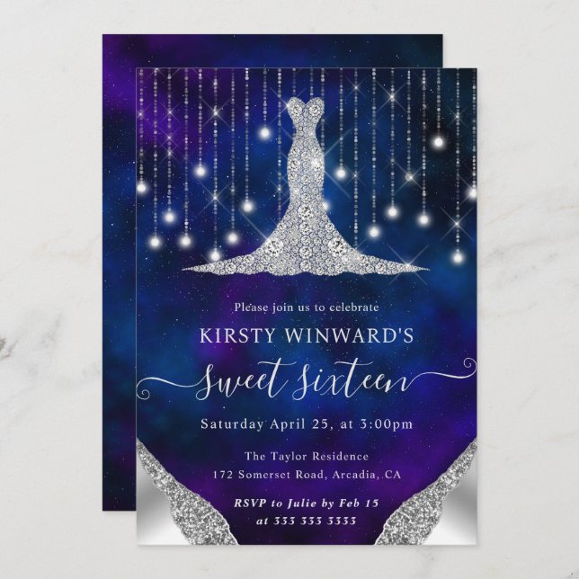 Diamond Dress & Bokeh String Lights Sweet 16 Invitation (Front/Back)