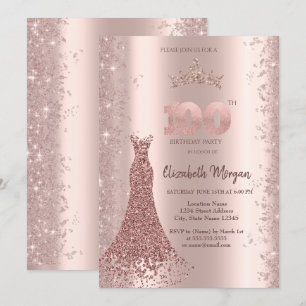Diamond Dress Rose Gold Glitter Dust 100th Invitation