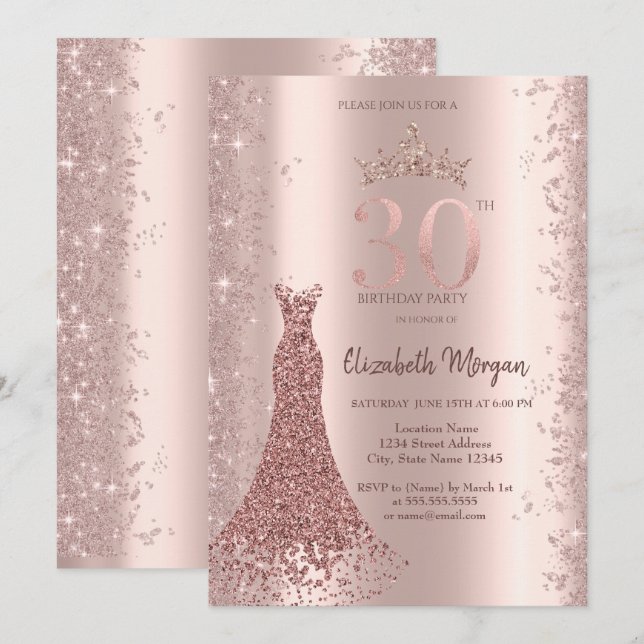 Diamond Dress Rose Gold Glitter Dust 30th Birthday Invitation (Front/Back)