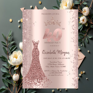 Diamond Dress Rose Gold Glitter Dust 40th Birthday Invitation