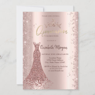 Diamond Dress Rose Gold Glitter Dust Quinceañera   Invitation