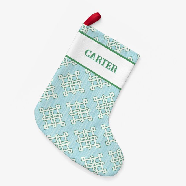 Diamond Endless Knot in Green + Aqua Personalised Small Christmas Stocking (Front (Hanging))