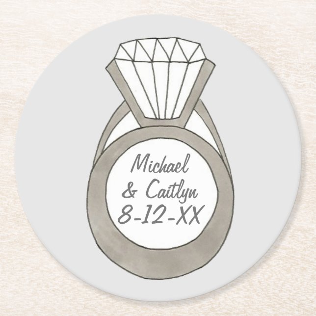 Diamond Engagement Ring Wedding Bridal Shower Round Paper Coaster (Front)