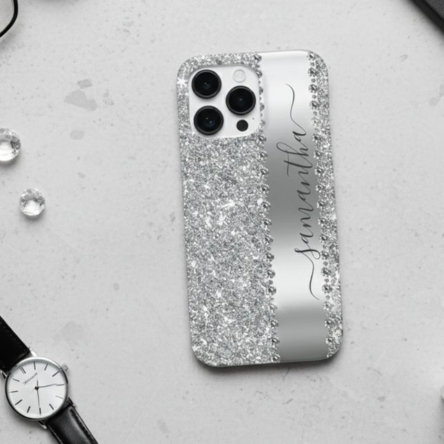 Diamond Faux  Glitter Calligraphy Name Silver iPhone Case (Creator Uploaded)