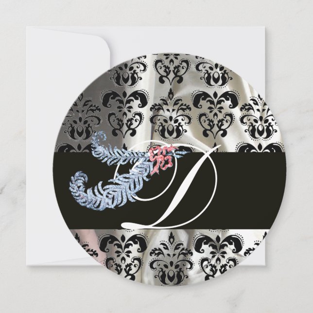 DIAMOND FEATHER BLACK WHITE SILK DAMASK MONOGRAM INVITATION (Front)