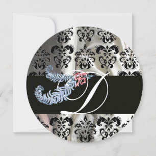 DIAMOND FEATHER BLACK WHITE SILK DAMASK MONOGRAM INVITATION