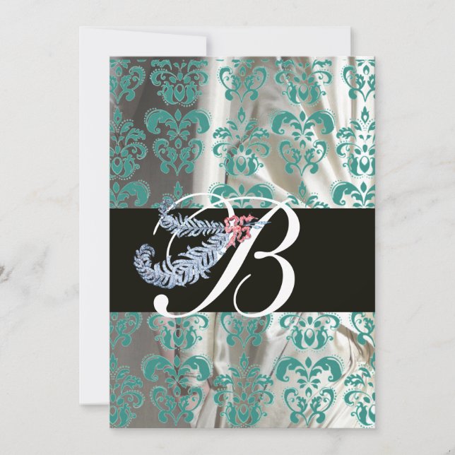 DIAMOND FEATHER BLUE WHITE SILK DAMASK MONOGRAM INVITATION (Front)