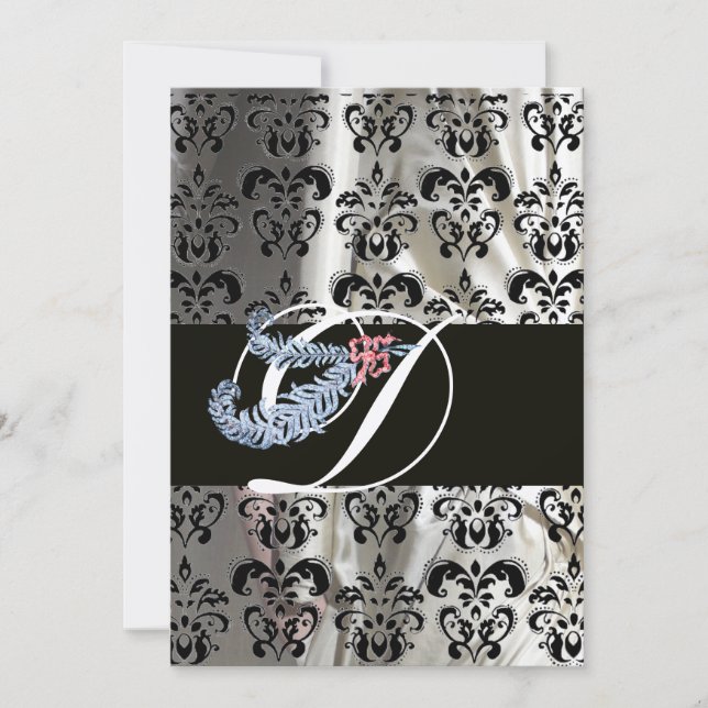 DIAMOND FEATHER GOLD BLACK SILK DAMASK MONOGRAM INVITATION (Front)
