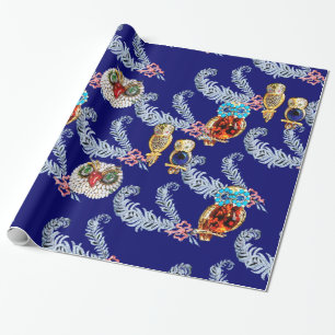 DIAMOND FEATHERS AND JEWEL OWLS IN BLUE WRAPPING PAPER