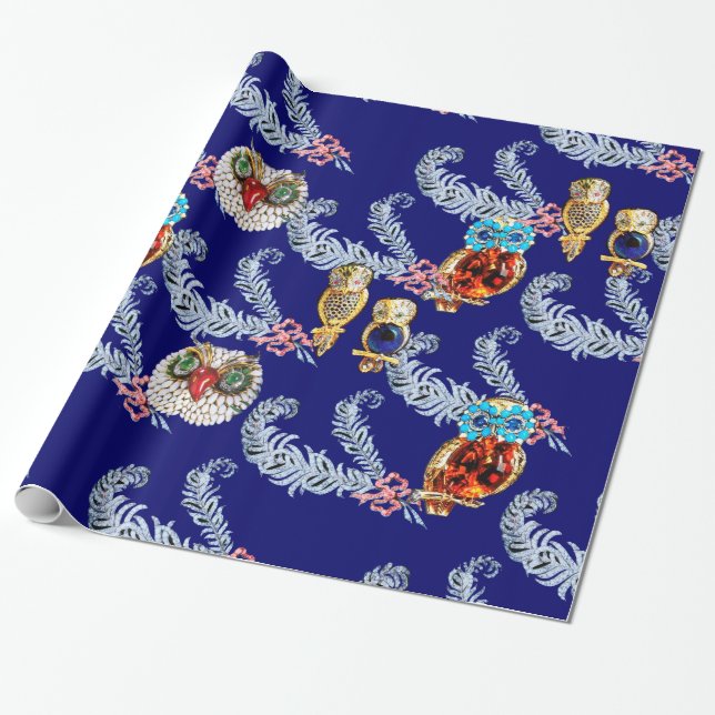 DIAMOND FEATHERS AND JEWEL OWLS IN BLUE WRAPPING PAPER (Unrolled)