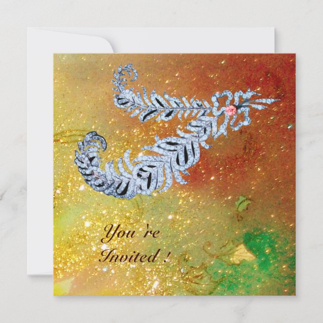 DIAMOND FEATHERS ,brown yellow green gold sparkles Invitation (Front)