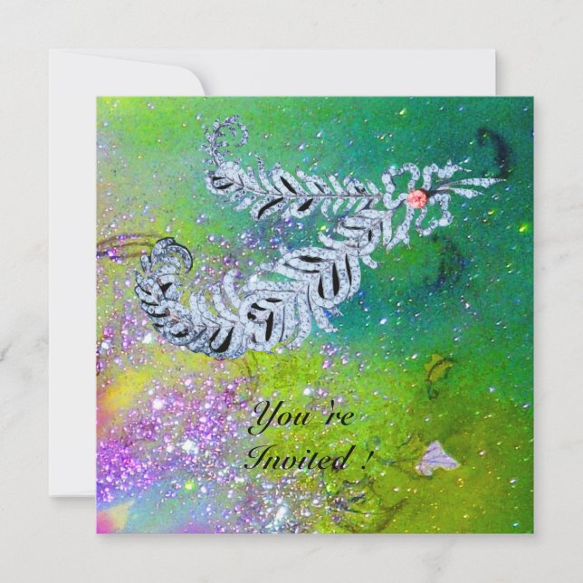DIAMOND FEATHERS ,green purple gold sparkles Invitation (Front)